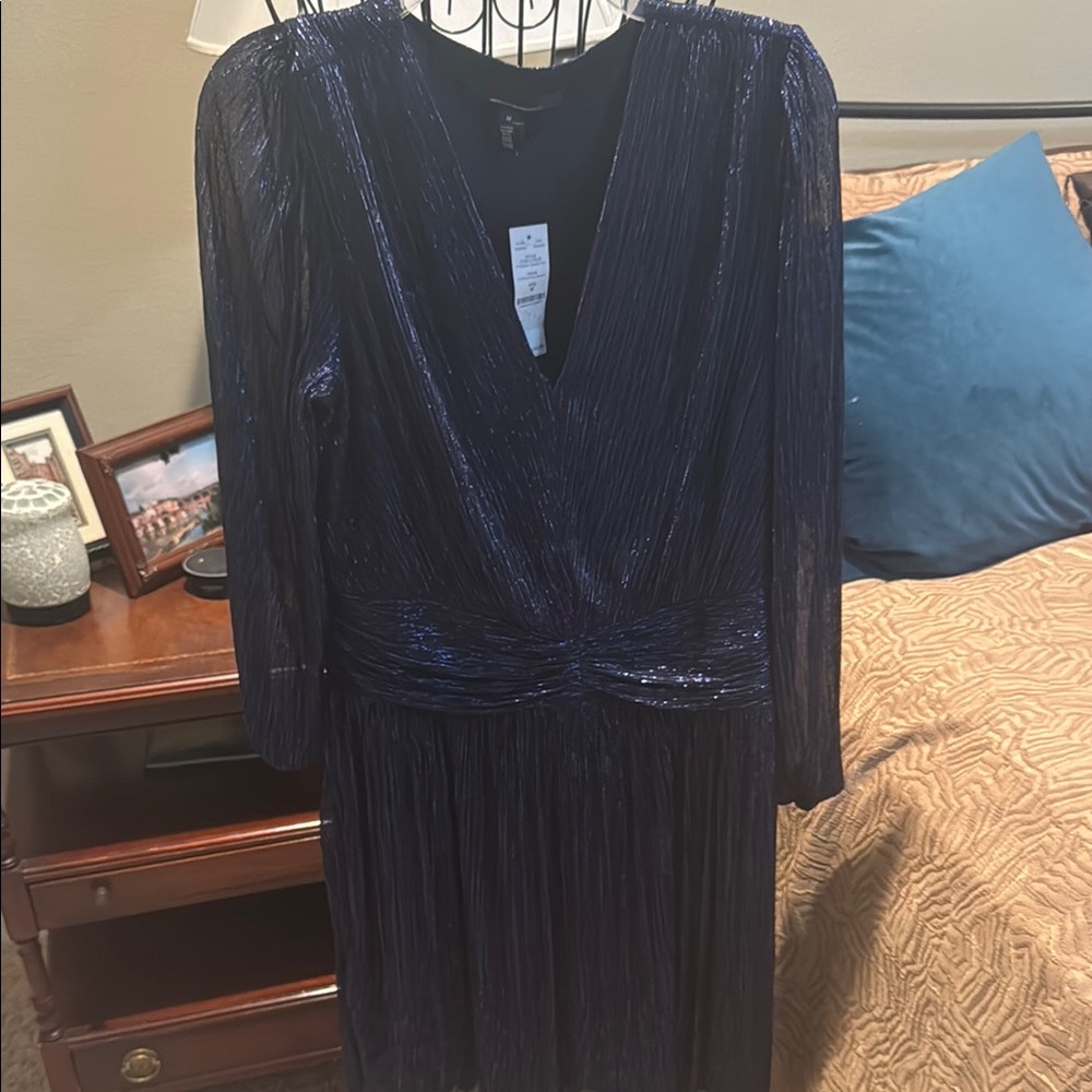 White House Black Market Blue Pleated Wrap Gown 3/4 Sleeves